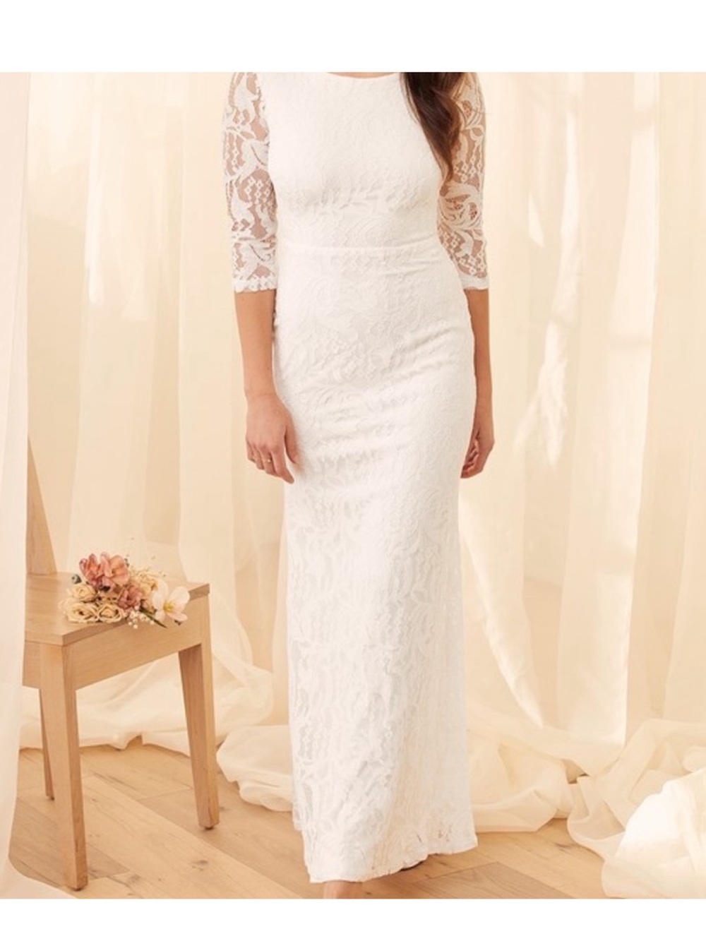 Adley White Lace Three-Quarter Backless Maxi Dress